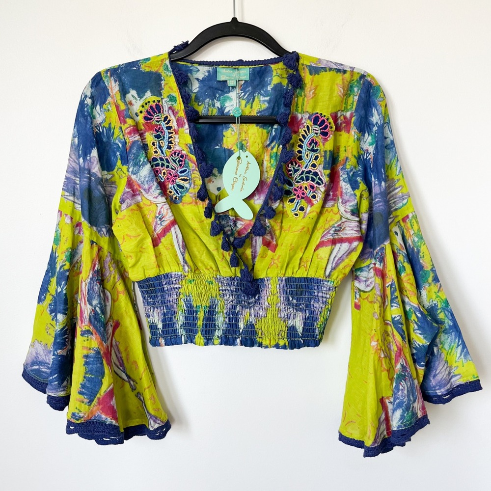 NEW Antica Sartoria Giacomo Cinque Beaded Smocked Bell Sleeve Crop Top Deep V